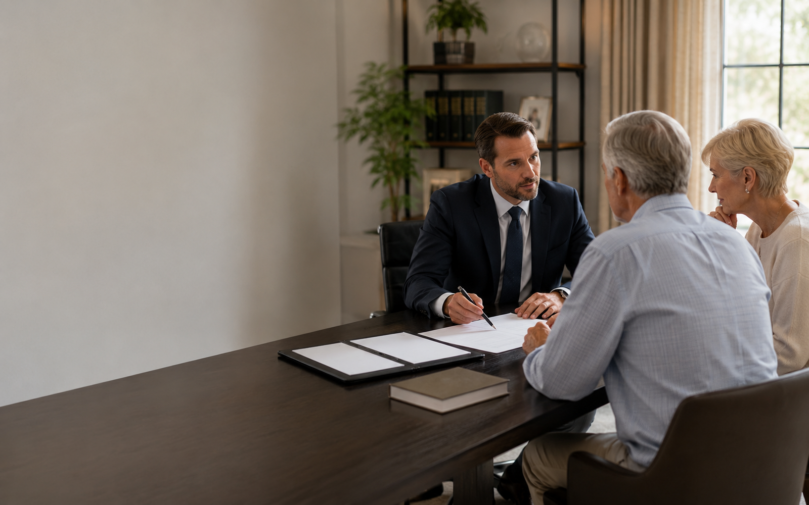 Organized estate planning documents and consultation notes on a neutral office desk