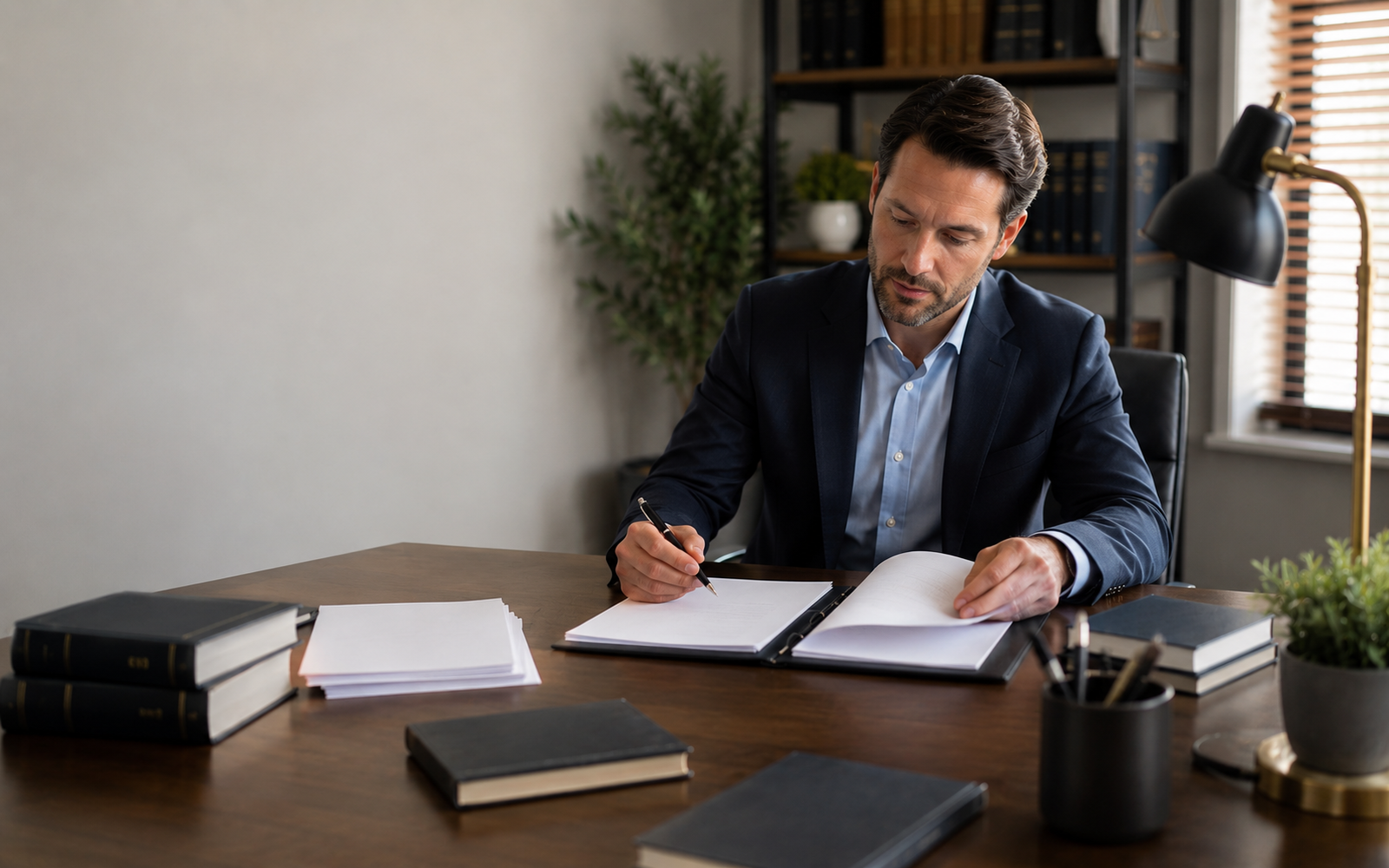 Legal research notes and consultation checklist arranged on a professional desk